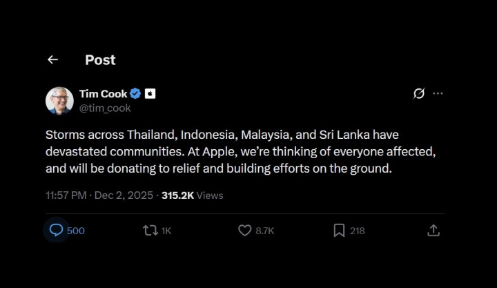 Bos Apple Segera Kirim Bantuan untuk Korban Banjir di Asia, Termasuk Indonesia