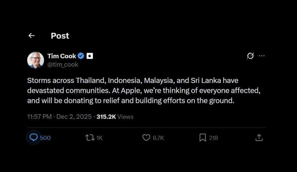 CEO Apple Tim Cook menyatakan Apple menyalurkan donasi untuk korban banjir besar di Asia, termasuk Indonesia.