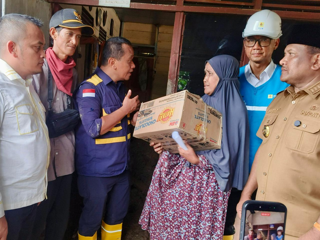 Menteri ESDM, Bahlil Lahadalia (ketiga dari kiri) didampingi Bupati Bireuen, Mukhlis (kanan), dan Direktur Utama PLN, Darmawan Prasodjo (kedua dari kanan) memberikan bantuan sembako kepada salah satu warga terdampak banjir di Desa Blang Panjo, Kabupaten B