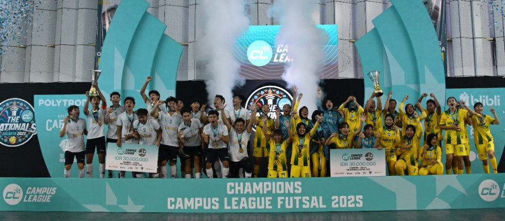 Tim putra UIN Sunan Gunung Djati (UINSGD) Bandung dan tim putri Universitas Negeri Jakarta (UNJ) merayakan gelar juara Campus League 2025. (Foto: Dok. Campus League)