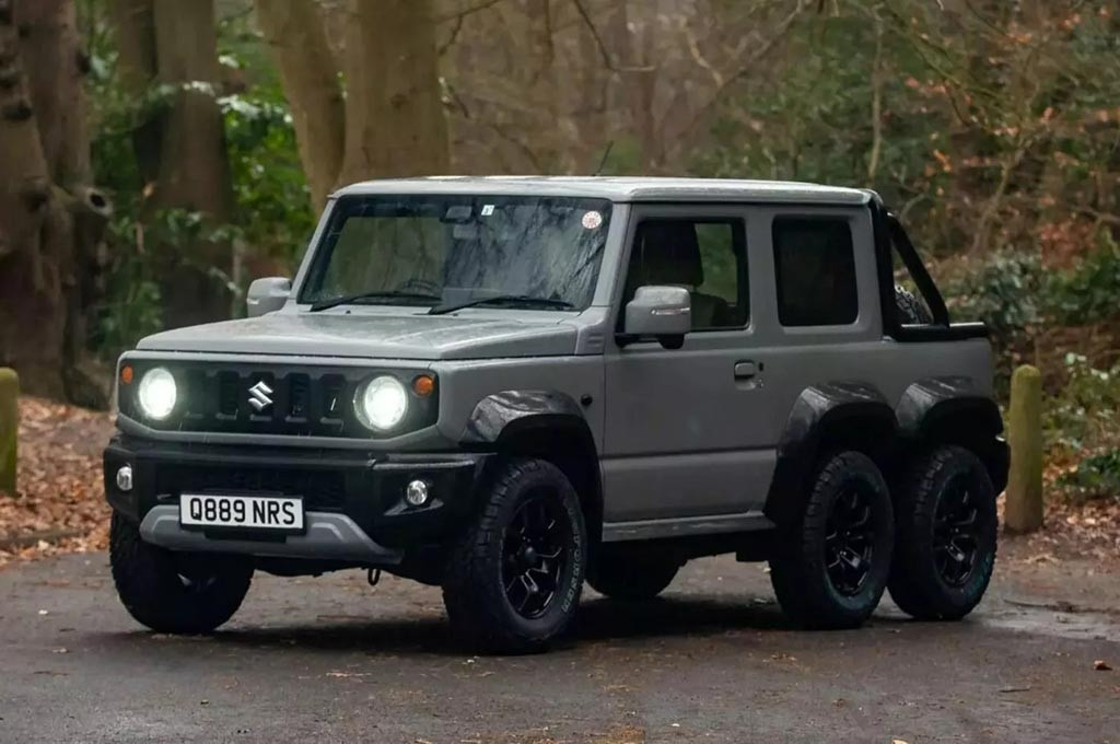 Suzuki Jimny 6×4 modifikasi ekstrem, lengkap dengan gardan tambahan, bak mini, dan opsi turbo kit. Suzuki