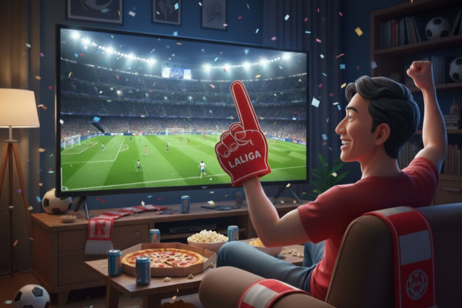 Ilustrasi suporter menyaksikan pertandingan sepak bola liga Spanyol. (foto: gemini.google.com)