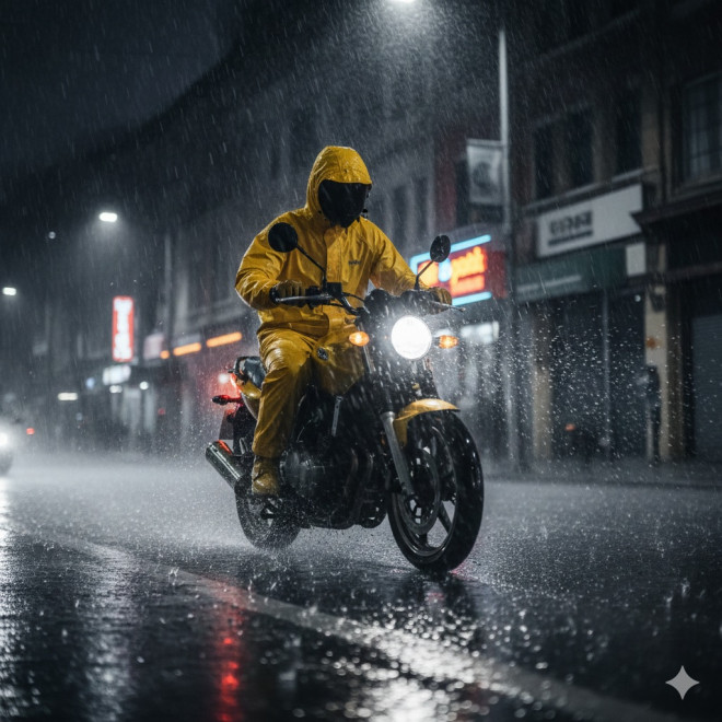 Jas hujan biasa mungkin tidak cukup kuat untuk melindungi tubuh dari hujan deras. Ilustrasi Gemini AI