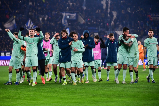 Selebrasi kemenangan Athletic Bilbao di kandang Atalanta. (Foto: PIERO CRUCIATTI / AFP)