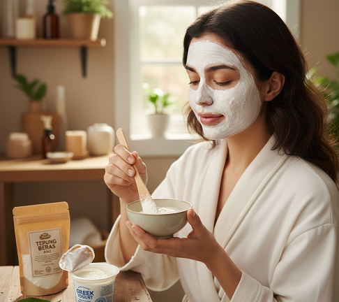 Kombinasi masker wajah dari tepung beras dan yoghurt cocok untuk kulit sensitif. (Foto: Dok. Gemini AI)