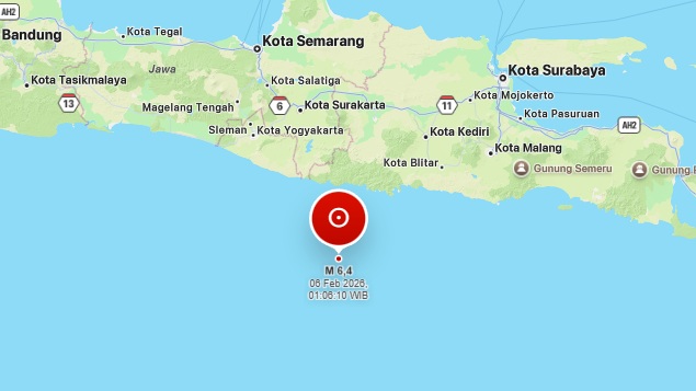 Pusat gempa di Pacitan, Jawa Timur, Jumat, 6 Februari 2026. (tangkapan layar)