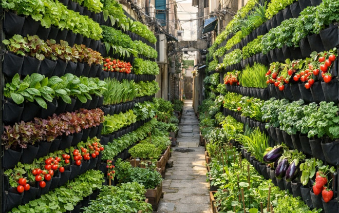 Inspirasi desain kebun sayur di gang sempit. Foto: Gemini AI