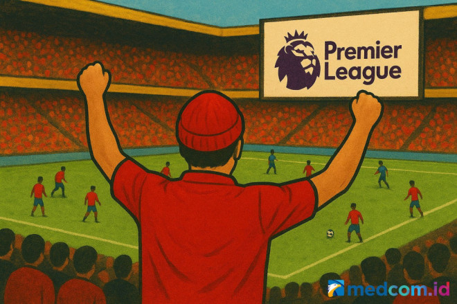 Ilustrasi seorang suporter sedang menyaksikan langsung pertandingan liga Inggris Premier League. (Foto: Chatgpt)