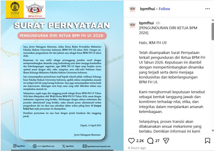 Ketua BPM FHUI Mundur dari Jabatan, Buntut Kasus Kekerasan Seksual 16 Mahasiswa FHUI