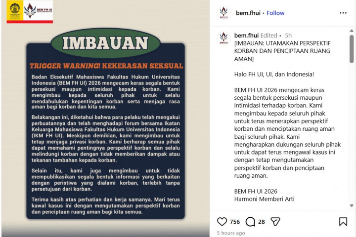 BEM FH UI: Privasi Korban Kekerasan Seksual Harus Dijaga