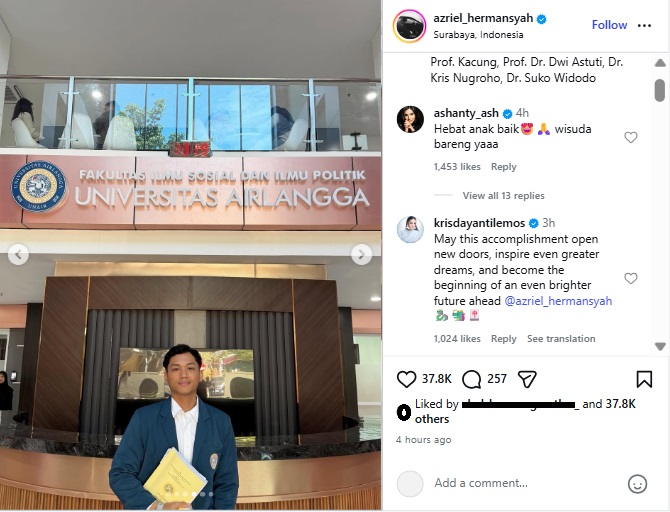 Azriel Hermansyah Lulus S2 Ilmu Politik Unair, Intip Pesan Haru Mimi KD