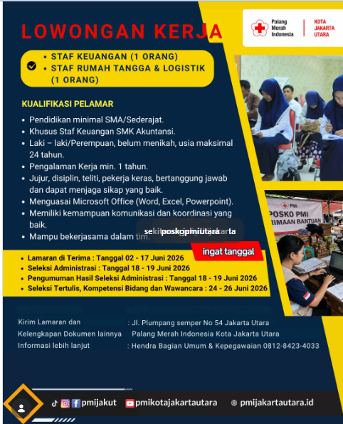 Lowongan Kerja PMI Jakarta Utara 2026: Buka 2 Posisi,  Lulusan SMA Bisa Daftar!