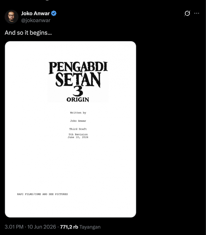 Joko Anwar Bagikan Update Pengabdi Setan 3: Origin, Siap Tayang
