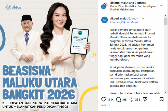 Beasiswa Maluku Utara Bangkit 2026. Foto: Instagram @dikbud_malut