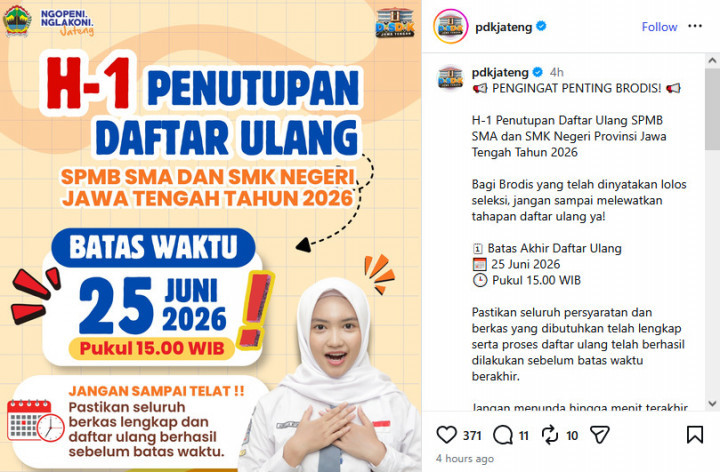 Ditutup Besok! Jangan Lupa Daftar Ulang SPMB Jateng 2026 Sebelum 25 Juni Pukul 15.00