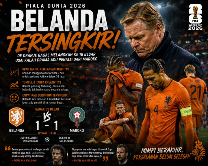 Belanda Tersingkir Memalukan di Piala Dunia 2026, Ronald Koeman Dihujani Kritik Usai Kalah dari Maroko