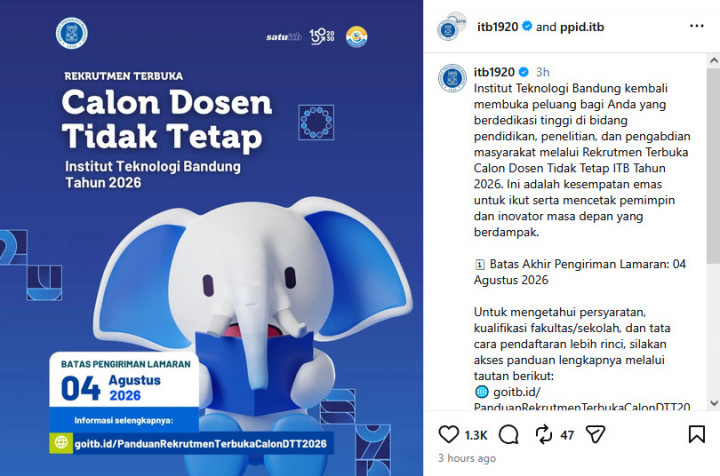 ITB Buka Lowongan Dosen Tidak Tetap 2026: Simak Syarat, Cara Daftar, dan Jadwal Seleksinya
