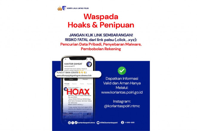 Korlantas Polri mengingatkan masyarakat agar waspada terhadap hoaks program pemutihan pajak kendaraan di media sosial. Korlantas