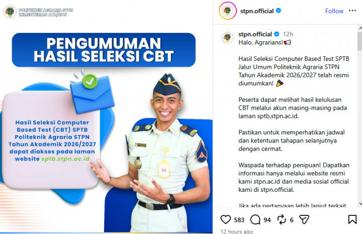 Cek Sekarang! Ini Link Pengumuman Hasil Seleksi CBT SPTB Politeknik Agraria STPN