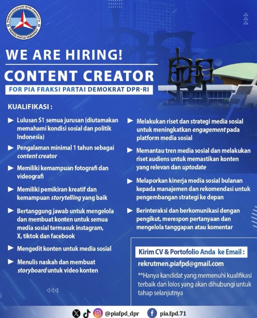 Mau Kerja di Parlemen? Yuk Lamar Loker Content Crator PIA Fraksi Partai Demokrat