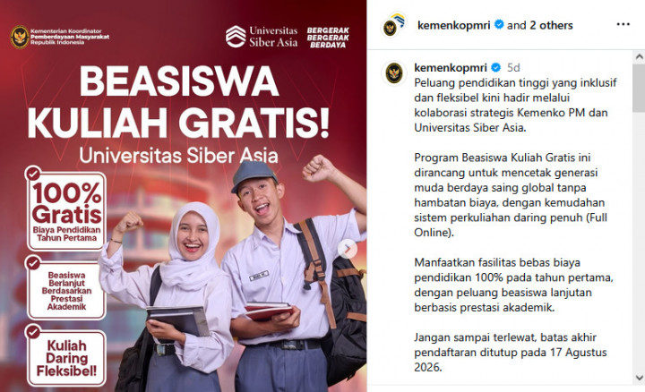 Beasiswa Kuliah Gratis di Universitas Siber Asia, Cek Syarat dan Dokumennya di Sini!