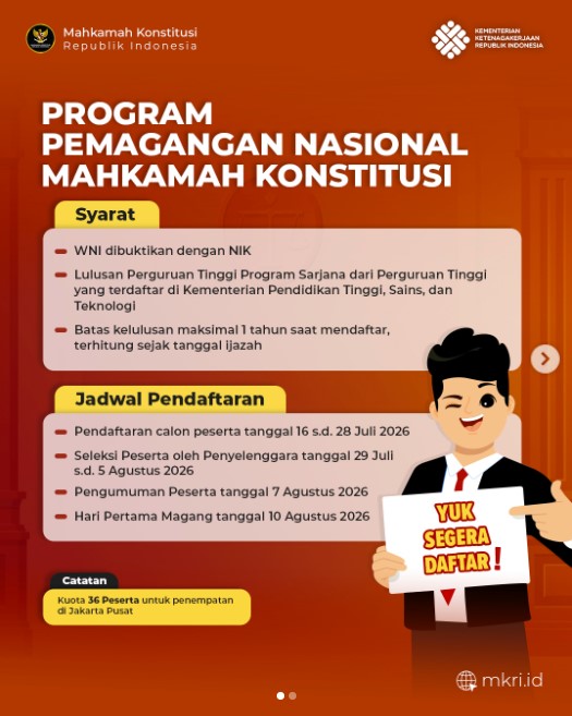 Mahkamah Konstitusi Buka Magang Nasional 2026, Simak Syarat, CaraDaftar, dan Jadwal Lengkapnya!