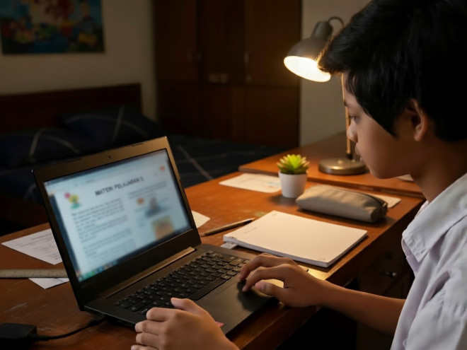 Ilustrasi seorang anak sedang fokus mengerjakan tugas menggunakan laptop di kamarnya pada malam hari. Foto: PLN