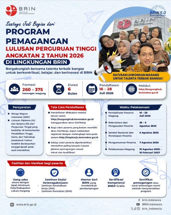Magang BRIN 2026 Dibuka untuk D4/S1: Dapat Uang Saku Setara UMK dan Sertifikasi BNSP Gratis!