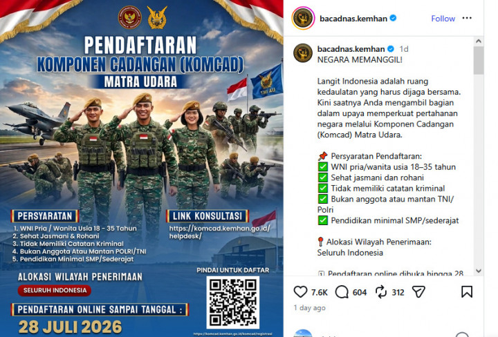 Negara Memanggil! Pendaftaran Komcad 2026 Dibuka, Ini Syarat dan Link Pendaftarannya