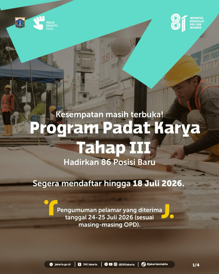 Pemprov DKI Buka Lowongan Kerja Padat Karya Tahap III: Tersedia 86 Posisi, Pendaftaran Ditutup 18 Juli
