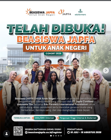 Pendaftaran Beasiswa JAPFA 2026 Dibuka Sampai 16 Agustus, Bisa Buat SMA hingga Mahasiswa S1