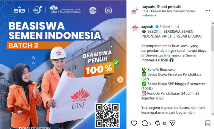 Beasiswa Semen Indonesia Batch 3 Dibuka! Cek Cara Daftar dan Persyaratannya