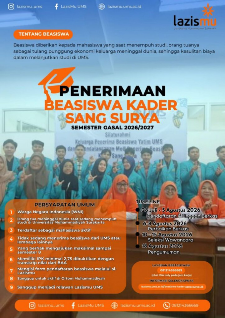 Beasiswa Kader Sang Surya UMS 2026 Dibuka: Syarat, Cara Daftar, dan Jadwal Seleksi