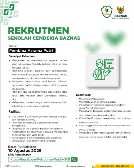 Sekolah Cendekia BAZNAS Buka Lowongan Kerja Pembina Asrama Putri: Syarat dan Link Daftar