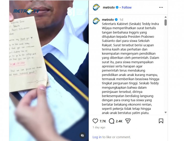 Seskab Teddy <i>Spill</i> Surat Haru Berbahasa Inggris Siswa Sekolah Rakyat untuk Presiden Prabowo