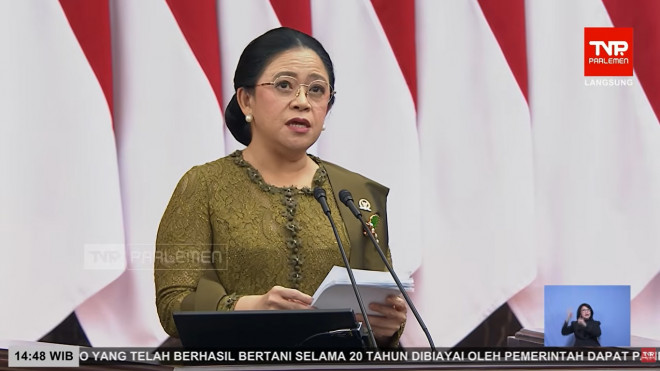 Ketua DPR RI Puan Maharani dalam Rapat Paripurna Pembukaan Masa Persidangan I Tahun Sidang 2026-2027.  Foto: TV Parlemen.