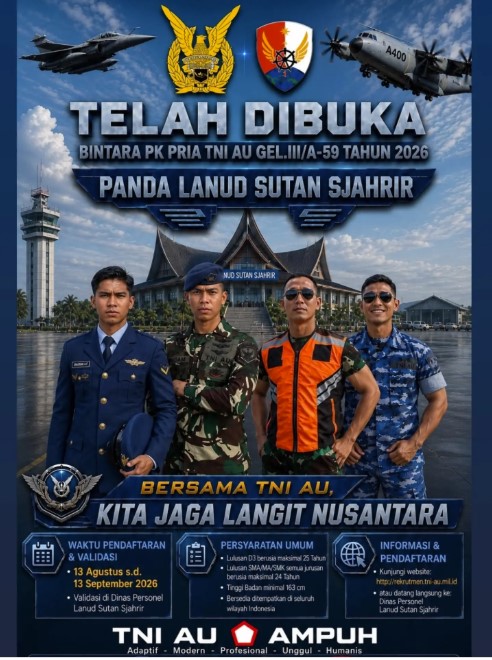 Lanud Sutan Sjahrir Buka Pendaftaran Bintara PK TNI AU 2026, Ini Alur dan Syarat Batas Usianya