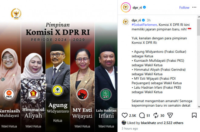 5 Pimpinan Komisi X DPR RI. Foto: Instagram @dpr_ri