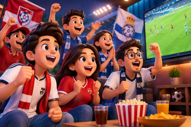Ilustrasi para suporter sedang nobar pertandingan sepak bola. (Foto: ChatGPT)