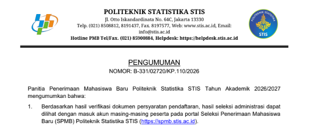 Pengumuman Hasil Seleksi Administrasi PMB Polstat STIS 2026, Apa Tahapan Berikutnya