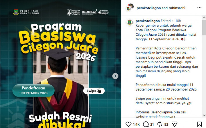 Beasiswa Cilegon Juare 2026 Dibuka 2 Hari Lagi, Catat Syarat Lengkapnya