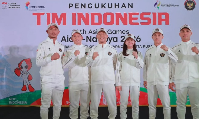 Tim teqball Indonesia saat mengikuti pengukuhan Kontingen Indonesia untuk Asian Games 2026. (Foto: Instagram resmi Teqball Indonesia)