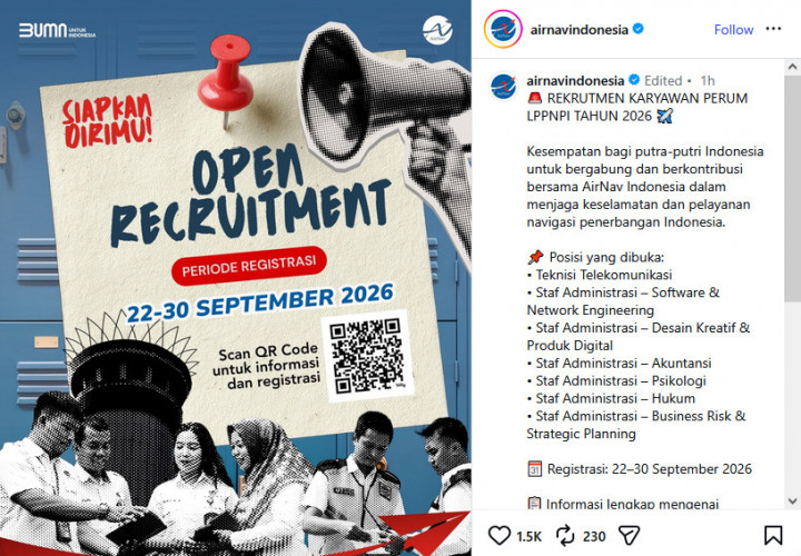 Lowongan Kerja AirNav Indonesia 2026 Dibuka, Cek 7 Posisi dan Syaratnya