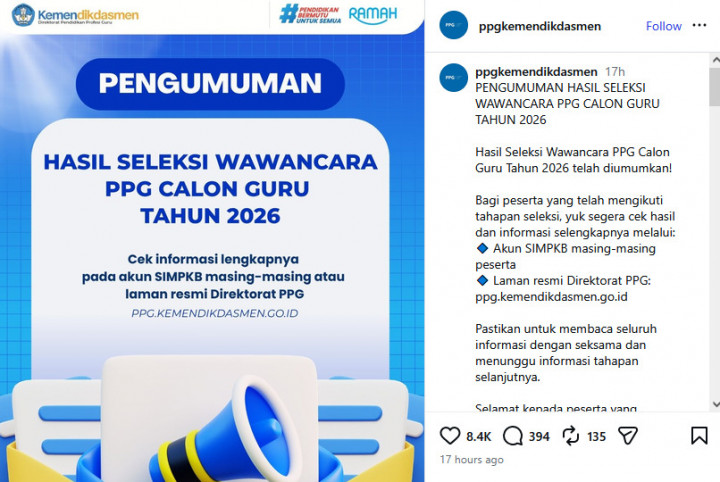 Hasil Seleksi Wawancara PPG Calon Guru 2026 Diumumkan, Cek di SIMPKB!