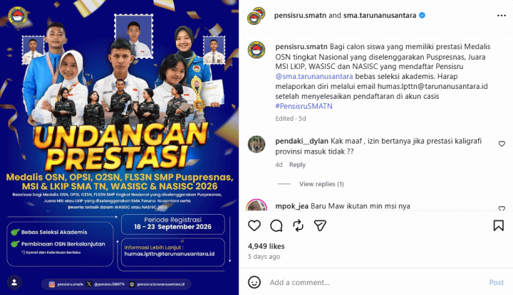 Pendaftaran SMA Taruna Nusantara Jalur Undangan 2027 Ditutup Hari Ini, Buruan Daftar!
