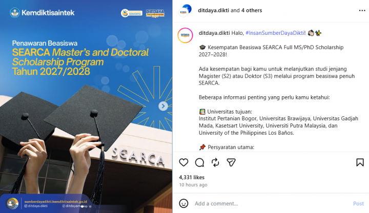 Beasiswa SEARCA 2027/2028 Dibuka, Ini Syarat dan Cara Daftarnya