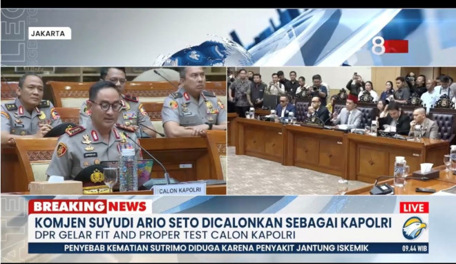 Komjen Pol Suyudi Ario Seto menjalani uji kelayakan dan kepatutan sebagai calon Kapolri. (Foto: Dok. Tangkapan Layar)