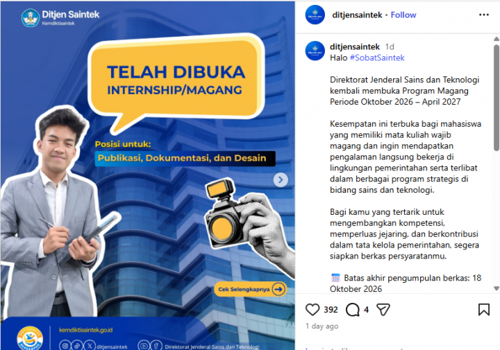 3 Lowongan Magang Ditjen Saintek Kemendikti 2026 Dibuka, Cek Syaratnya!