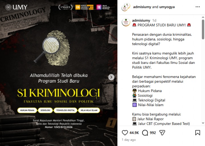 UMY Buka Prodi S1 Kriminologi: Cek Prospek Kerja, Syarat dan Cara Daftar