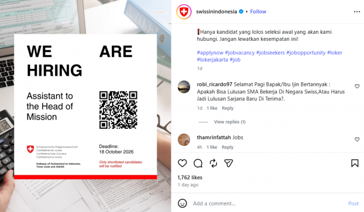Lowongan Kerja Asisten Duta Besar Kedubes Swiss 2026, Cek Syarat dan Cara Daftarnya